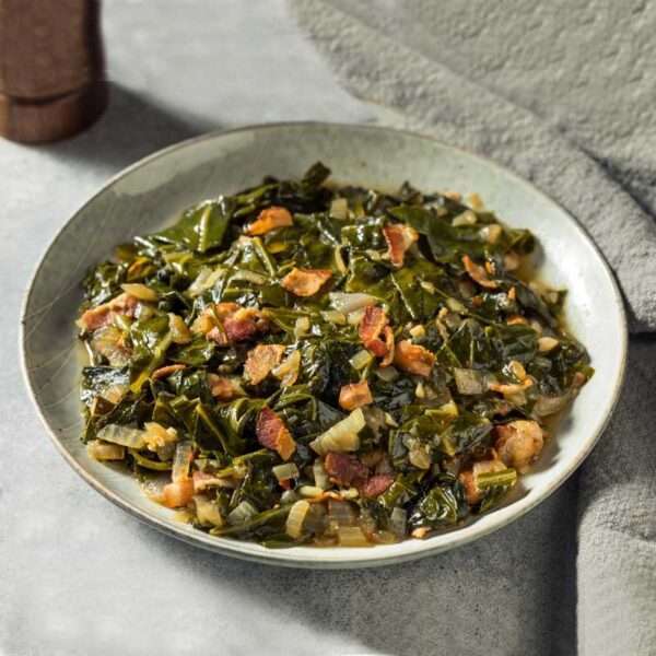 Southern collard greens in a white bowl